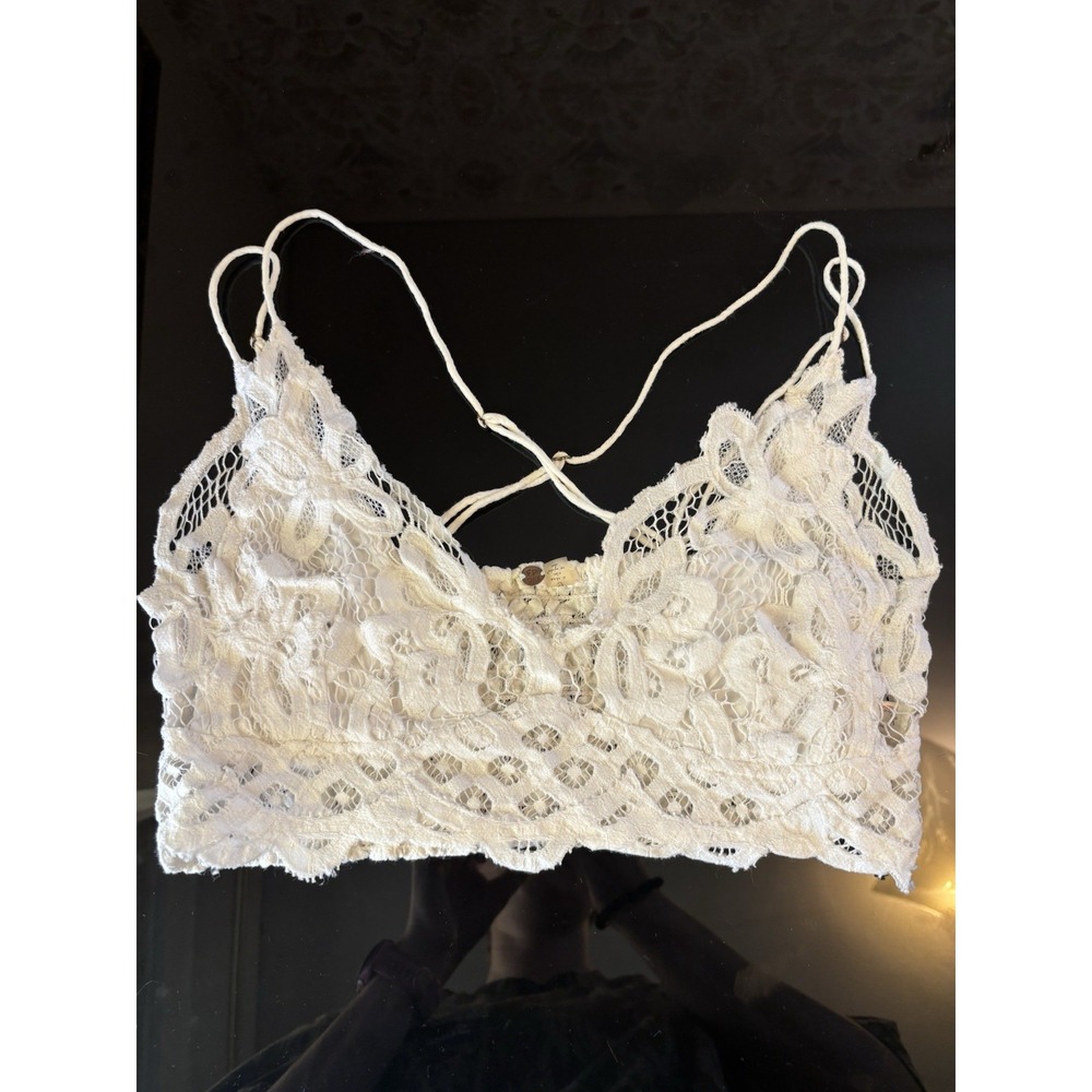 Free People One Adella Bralette White Smocked Crochet Lace Boho Festival Size L